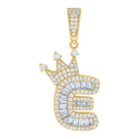 925 Solid Silver Yellow Gold Vermeil Unisex Bubble Crown Initial Charm Pendant (5A Baguette+Round Cut CZ Stones) Alphabet Letters A-Z