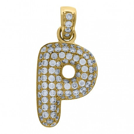 10kt Yellow Gold Unisex Iced Bubble Initial Charm Pendant (5A Round CZ Stones)Alphabet Letters A-Z