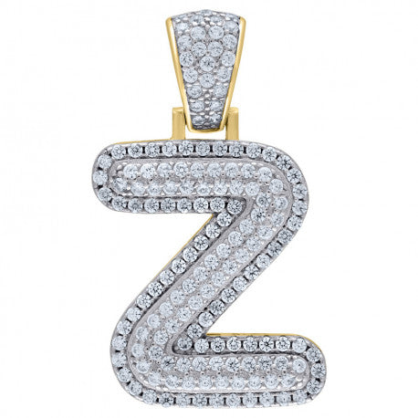 925 Solid Silver Yellow Gold Vermeil Unisex 3D Bubble Initial Charm Pendant (5A Round Cut CZ Stones) Alphabet Letters A-Z