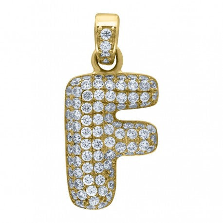 10kt Yellow Gold Unisex Iced Bubble Initial Charm Pendant (5A Round CZ Stones)Alphabet Letters A-Z