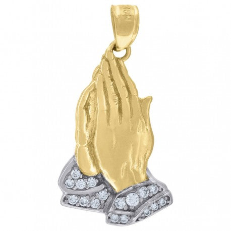 10kt Two-Tone Gold Unisex Cubic-Zirconia Religious Praying Hands Charm Pendant