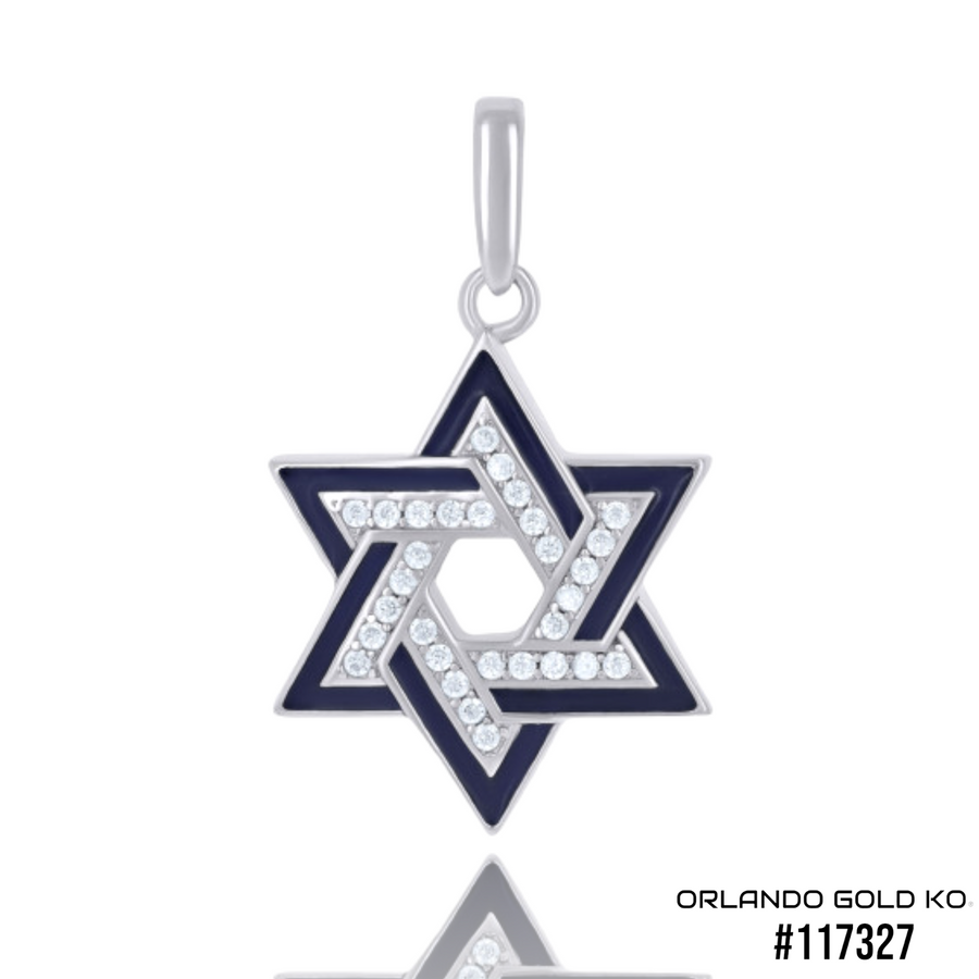 925 Solid Silver Unisex Cubic-Zirconia Enamel Star Of David Symbol Religious Charm Pendant #117327
