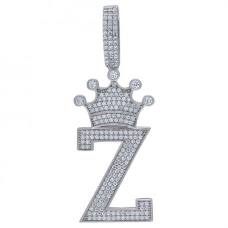 925 Solid Silver Unisex Crown Initial Charm Pendant (5A Round Cut CZ Stones) Alphabet Letters A-Z