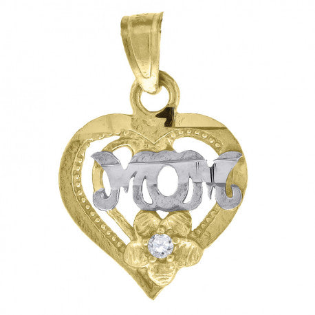 10kt Gold Two-Tone Diamond-Cut Cubic-Zirconia Womens Flower Heart Mom Charm Pendant