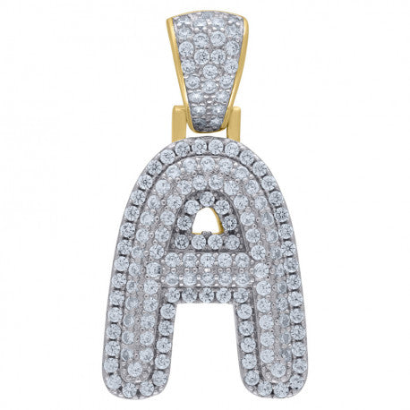 925 Solid Silver Yellow Gold Vermeil Unisex 3D Bubble Initial Charm Pendant (5A Round Cut CZ Stones) Alphabet Letters A-Z