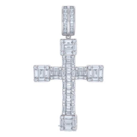 925 Solid Silver Mens Baguette Round Cubic-Zirconia Cross Religious Charm Pendant 119323