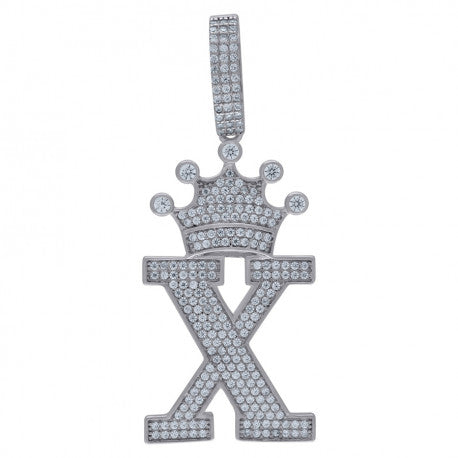 925 Solid Silver Unisex Crown Initial Charm Pendant (5A Round Cut CZ Stones) Alphabet Letters A-Z