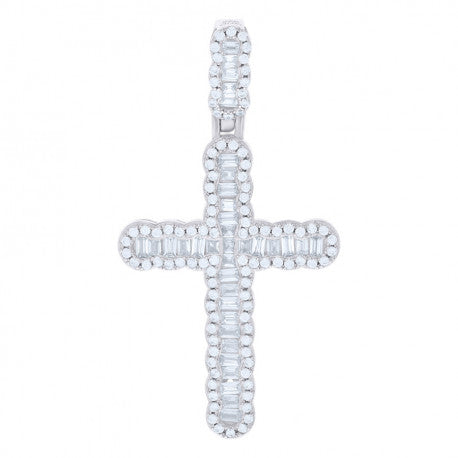 .925 Solid Silver Men Baguette Round Cubic-Zirconia Cross Religious Charm Pendant 105306