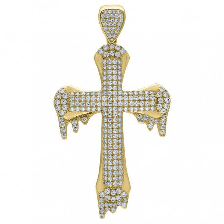 10kt Yellow Gold Unisex Cubic Zirconia Dripping Cross Religious Charm Pendant