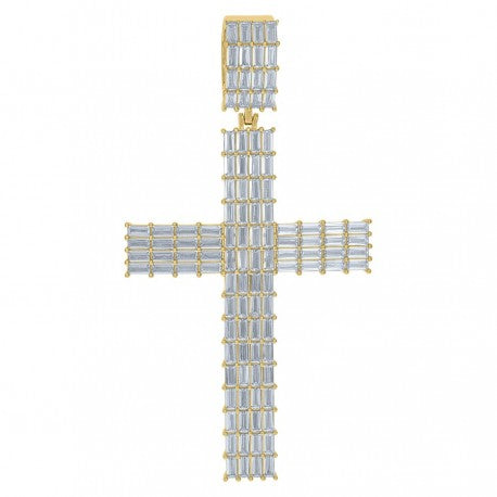 925 Solid Silver Yellow-Tone Gold Vermeil Mens Baguette Cubic-Zirconia Cross Religious Charm Pendant 110969