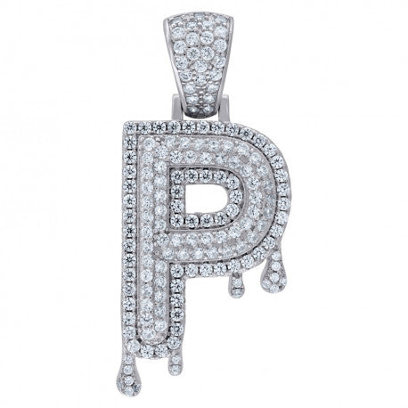 925 Solid Silver Unisex Bubble Dripping Initial Charm Pendant (5A Round Cut CZ Stones) Alphabet Letters A-Z