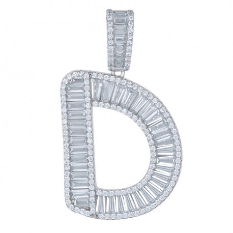 925 Solid Silver Unisex Single Row Initial Charm Pendant (5A Round Cut CZ Stones) Alphabet Letters A-Z