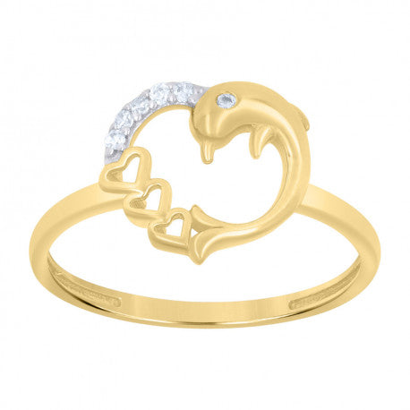 10kt Two-Tone Gold Womens Cubic-Zirconia Dolphin Heart Love Ring