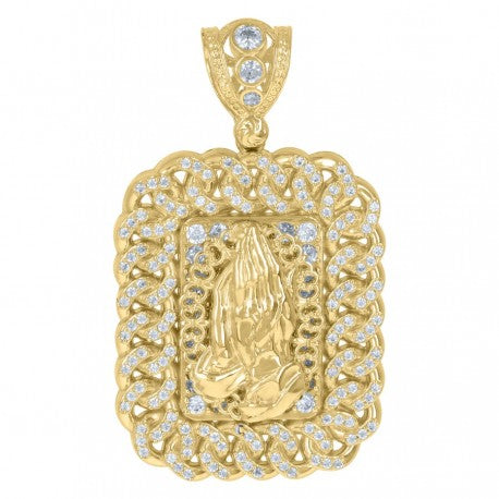 10kt Yellow Gold Mens Cubic-Zirconia Praying Hands Religious Symbol Cuban Link Charm Pendant