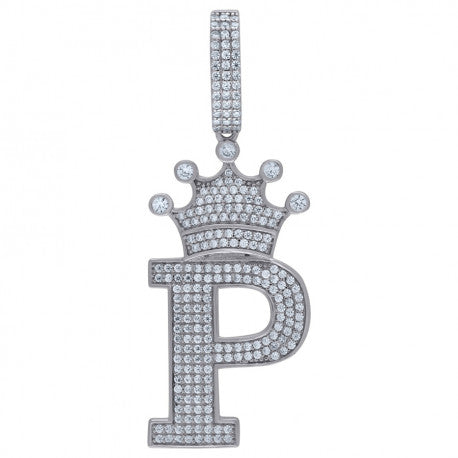 925 Solid Silver Unisex Crown Initial Charm Pendant (5A Round Cut CZ Stones) Alphabet Letters A-Z