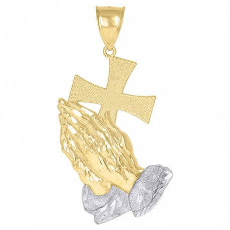 10kt Two-Tone Gold Unisex Praying Hands Cross Religious Charm Pendant