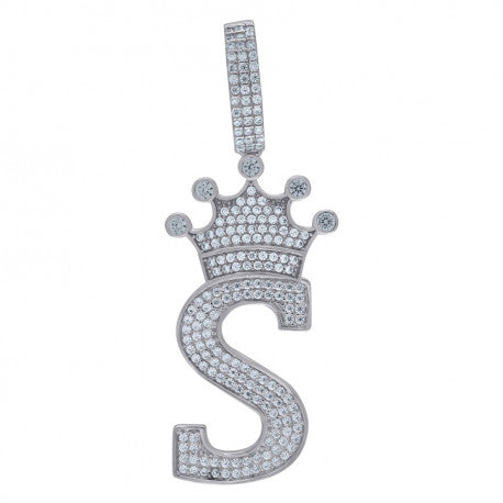 925 Solid Silver Unisex Crown Initial Charm Pendant (5A Round Cut CZ Stones) Alphabet Letters A-Z