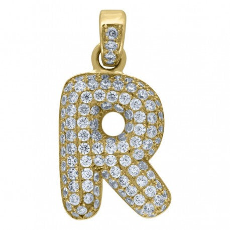 10kt Yellow Gold Unisex Iced Bubble Initial Charm Pendant (5A Round CZ Stones)Alphabet Letters A-Z