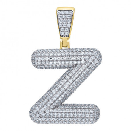 925 Solid Silver Yellow Gold Vermeil Unisex Bubble Initial Charm Pendant (5A Round Cut CZ Stones) Alphabet Letters A-Z