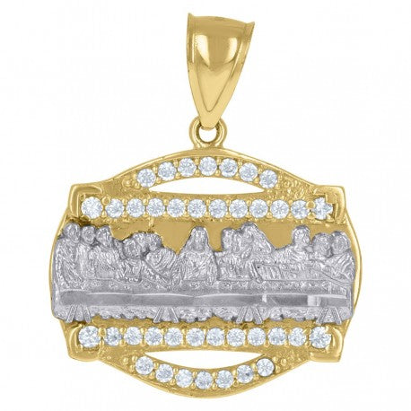 10kt Two-Tone Gold Mens Cubic Zirconia Last Supper Religious Medallion Charm Pendant