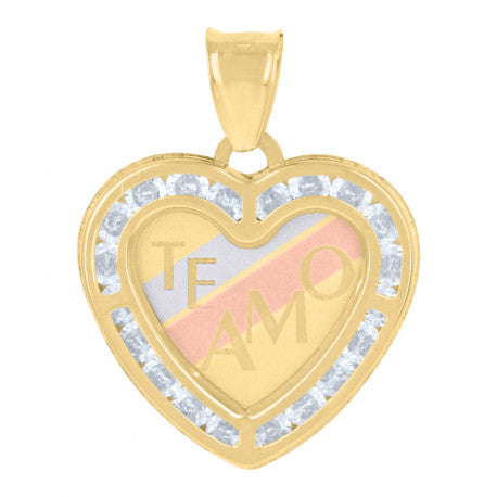 10kt Tri-Color Gold Womens Cubic-Zirconia Te Amo Heart Charm Pendant