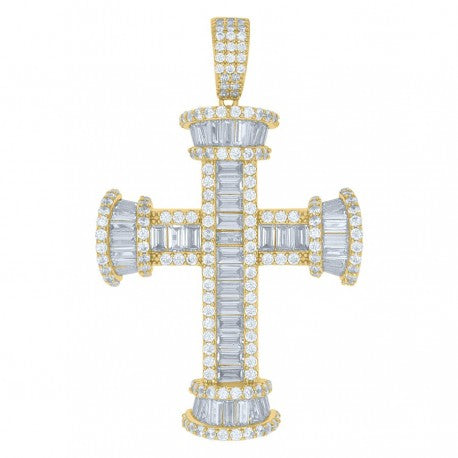 925 Solid Silver Yellow-Tone Gold Vermeil Mens Round & Baguette Cubic-Zirconia Cross Religious Charm Pendant 110977