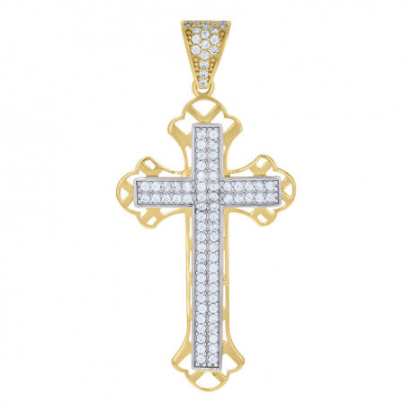 10kt Two-tone Gold Mens Cubic-Zirconia Cross Religious Charm Pendant