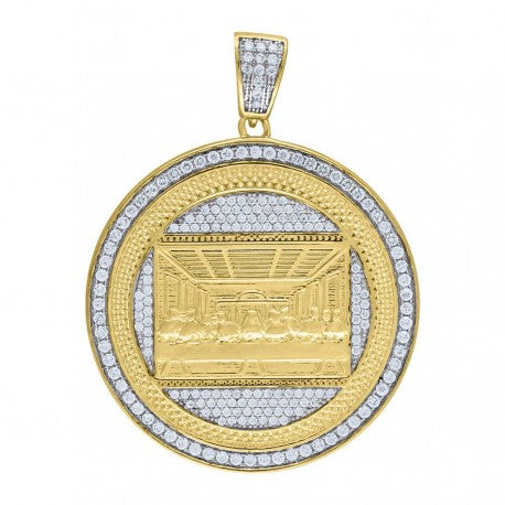 925 Solid Silver Yellow-Tone Gold Vermeil Mens Cubic Zirconia Religious Last Supper Charm Pendant 89709