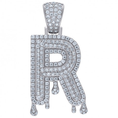 925 Solid Silver Unisex Bubble Dripping Initial Charm Pendant (5A Round Cut CZ Stones) Alphabet Letters A-Z