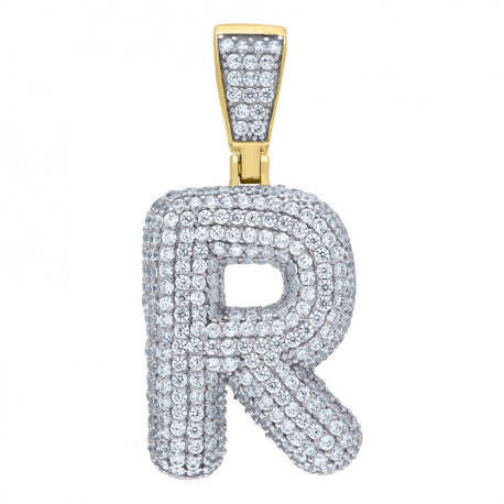 925 Solid Silver Yellow Gold Vermeil Unisex Bubble Initial Charm Pendant (5A Round Cut CZ Stones) Alphabet Letters A-Z