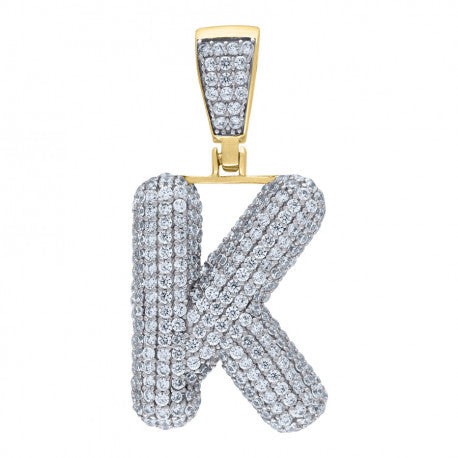 925 Solid Silver Yellow Gold Vermeil Unisex Bubble Initial Charm Pendant (5A Round Cut CZ Stones) Alphabet Letters A-Z