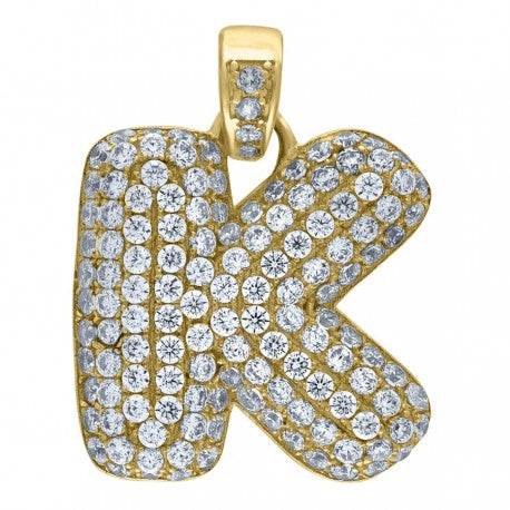 10kt Yellow Gold Unisex Iced Bubble Initial Charm Pendant (5A Round CZ Stones)Alphabet Letters A-Z