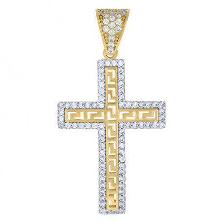 10kt Two-tone Gold Mens Cubic-Zirconia Cross Religious Charm Pendant