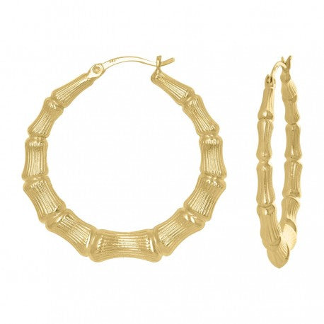 10kt Yellow Gold Womens Textured Bamboo Hoop Earrings