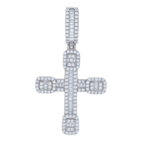 925 Solid Silver Mens Baguette Round Cubic-Zirconia Cross Religious Charm Pendant 120549