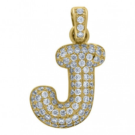 10kt Yellow Gold Unisex Iced Bubble Initial Charm Pendant (5A Round CZ Stones)Alphabet Letters A-Z