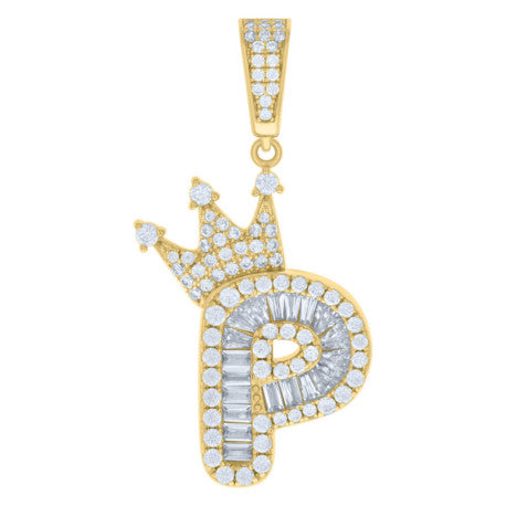 925 Solid Silver Yellow Gold Vermeil Unisex Bubble Crown Initial Charm Pendant (5A Baguette+Round Cut CZ Stones) Alphabet Letters A-Z