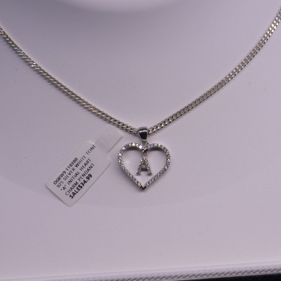 925 Silver White Initial Set 925 Silver Intial Heart Charm Pendant(Any Letter A-Z)+925 Silver 2mm Cuban Link Chain (Any Length) only $74.99 Entire Set!