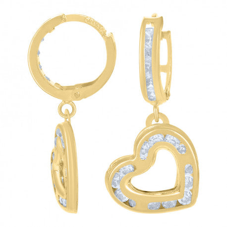 10kt Yellow Gold Womens Cubic-Zirconia Heart Dangle Hoop Earrings