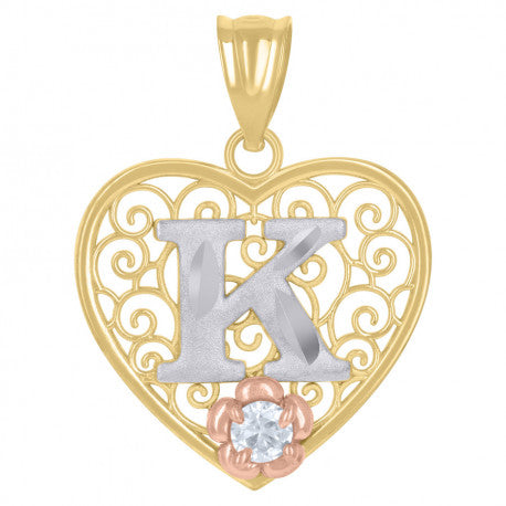 10KT Gold Tri-Color Alphabet Heart Initial Filigree Pendant (A-Z available) 91810